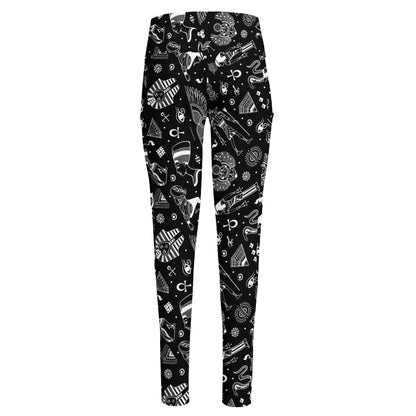 Black And White Egyptian Pattern Print High-Waisted Pocket Leggings