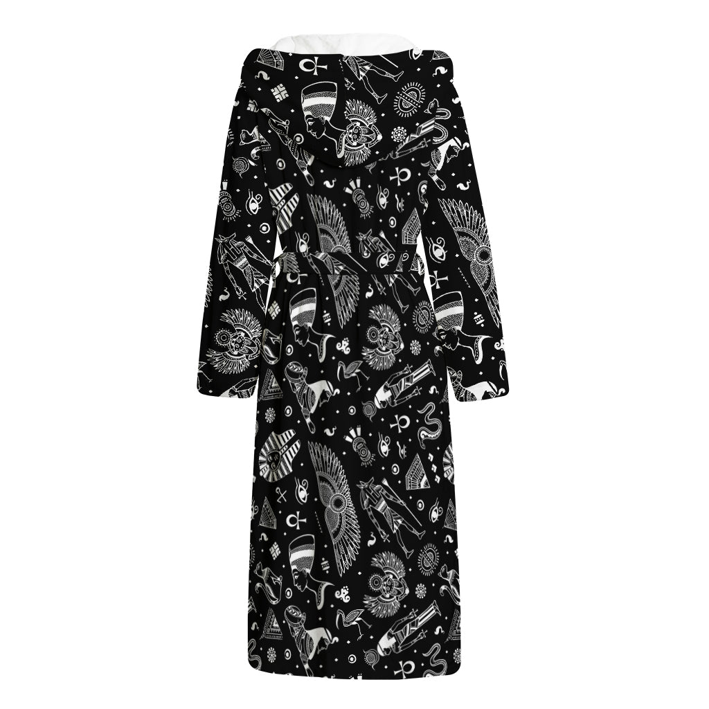 Black And White Egyptian Pattern Print Hooded Bathrobe