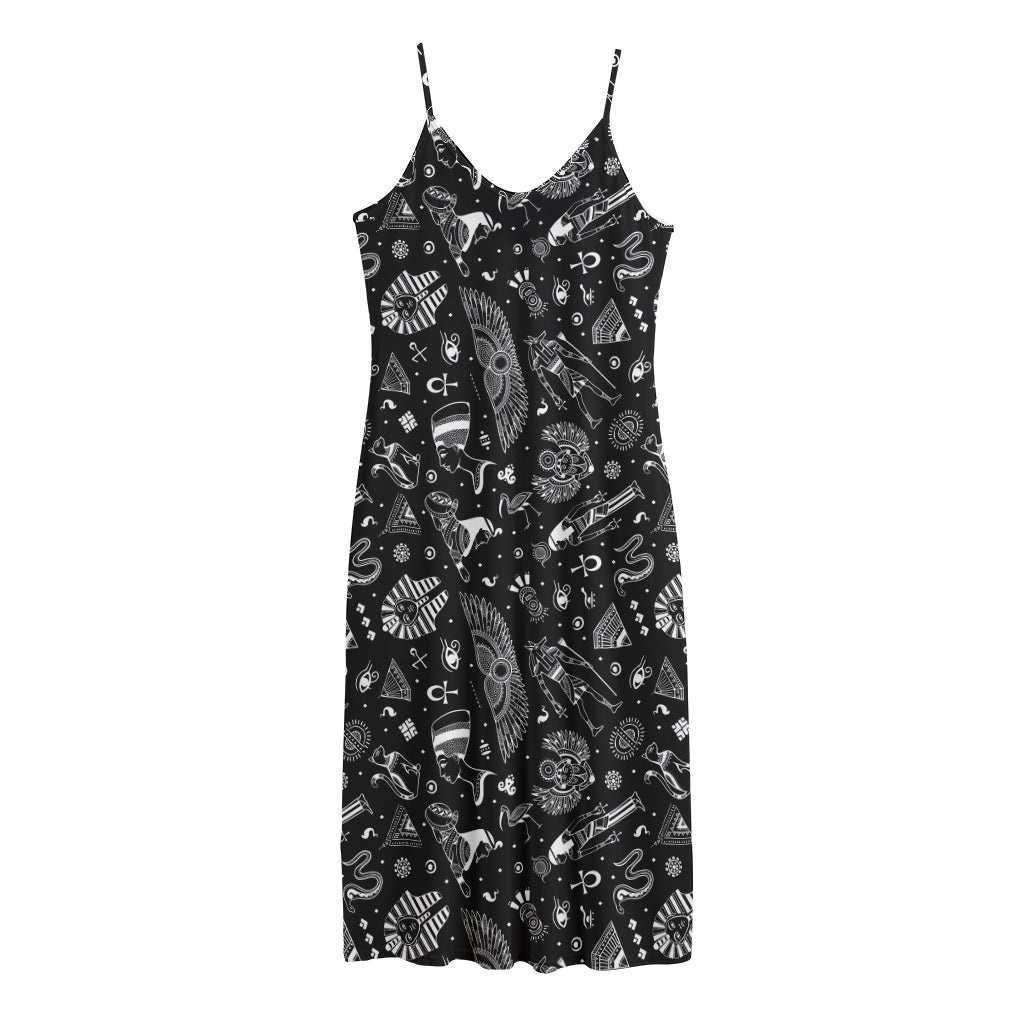 Black And White Egyptian Pattern Print Jersey Midi Cami Dress