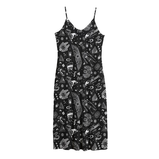Black And White Egyptian Pattern Print Jersey Midi Cami Dress