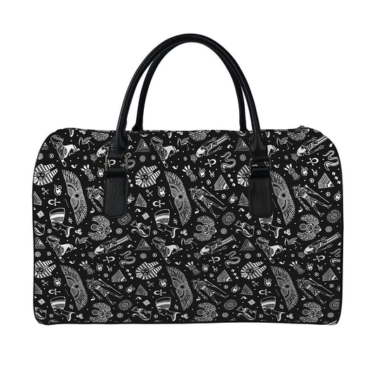 Black And White Egyptian Pattern Print Leather Duffle Bag
