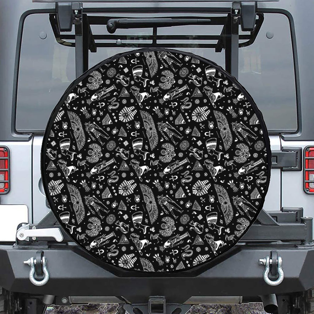 Black And White Egyptian Pattern Print Leather Spare Tire Cover