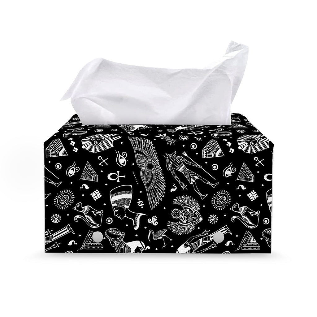 Black And White Egyptian Pattern Print Leather Tissue Box Cover