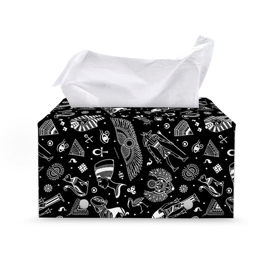 Black And White Egyptian Pattern Print Leather Tissue Box Cover