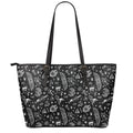Black And White Egyptian Pattern Print Leather Tote Bag With Zipper