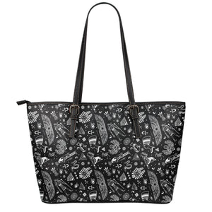 Black And White Egyptian Pattern Print Leather Tote Bag