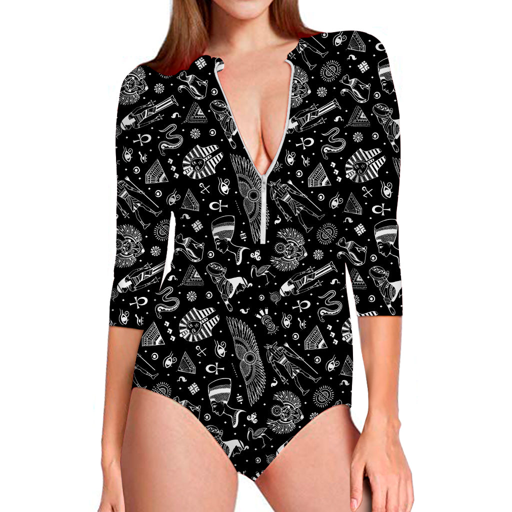 Black And White Egyptian Pattern Print Long Sleeve Swimsuit