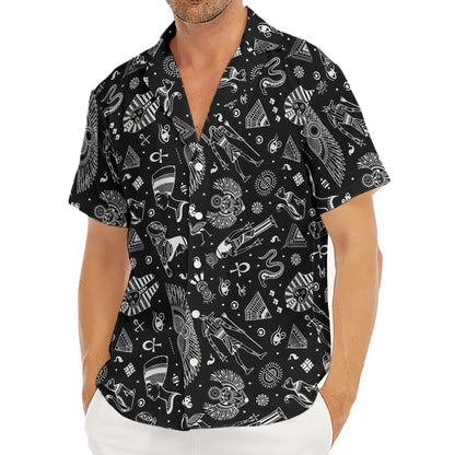 Black And White Egyptian Pattern Print Men's Deep V-Neck Shirt