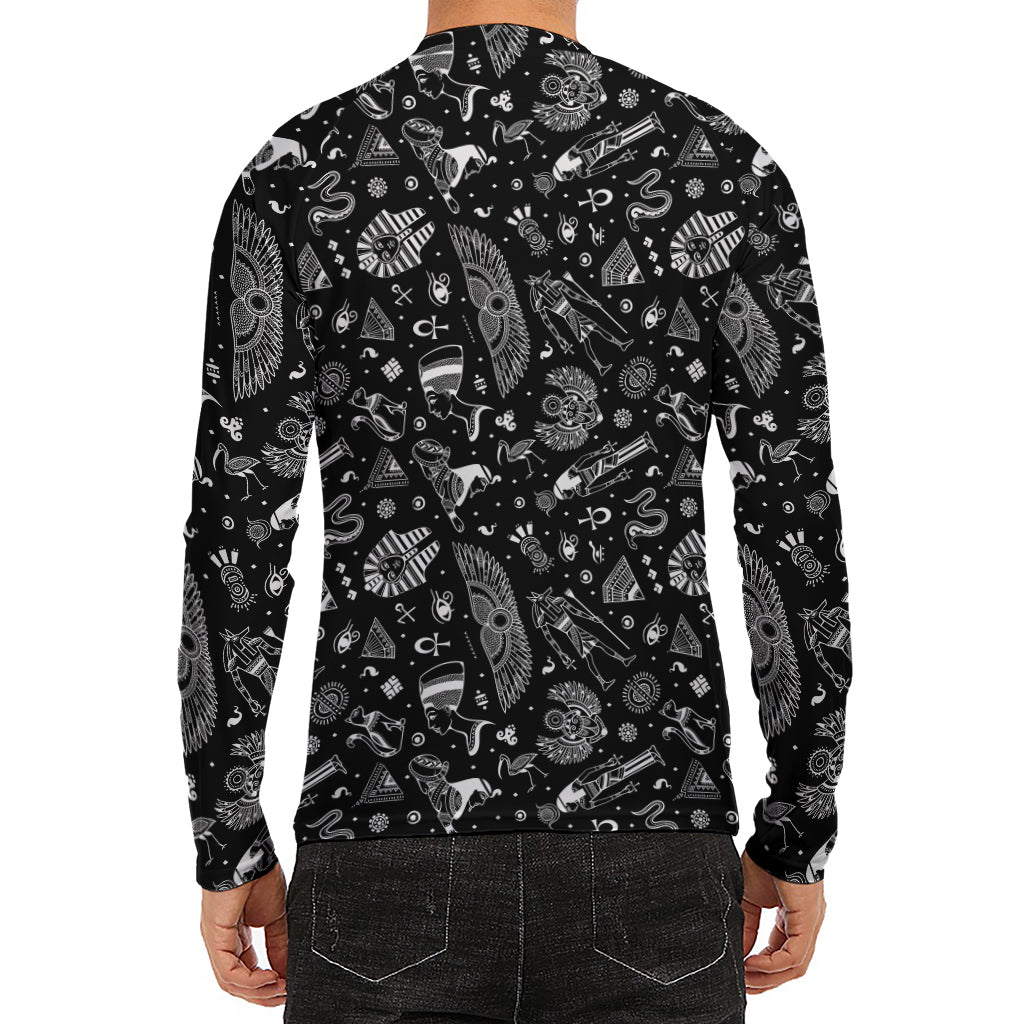 Black And White Egyptian Pattern Print Men's Long Sleeve Rash Guard