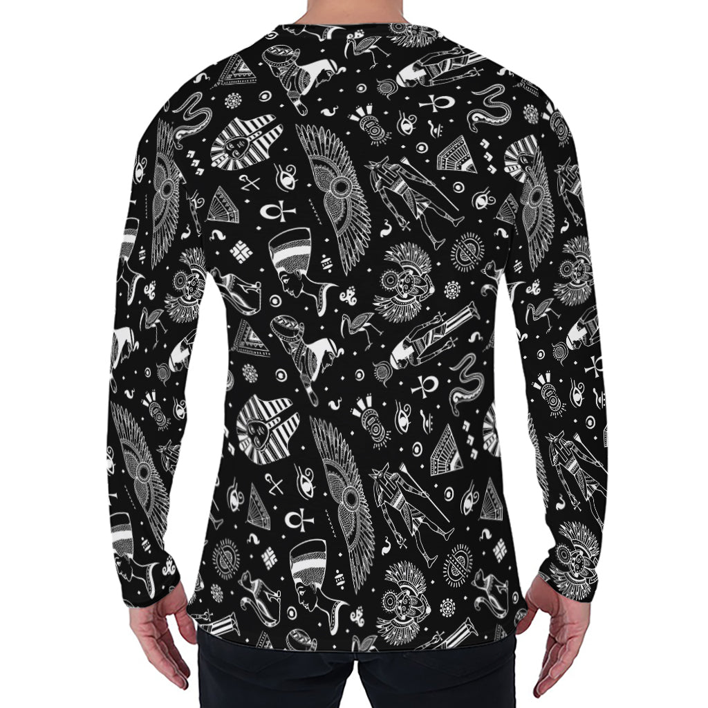 Black And White Egyptian Pattern Print Men's Long Sleeve T-Shirt