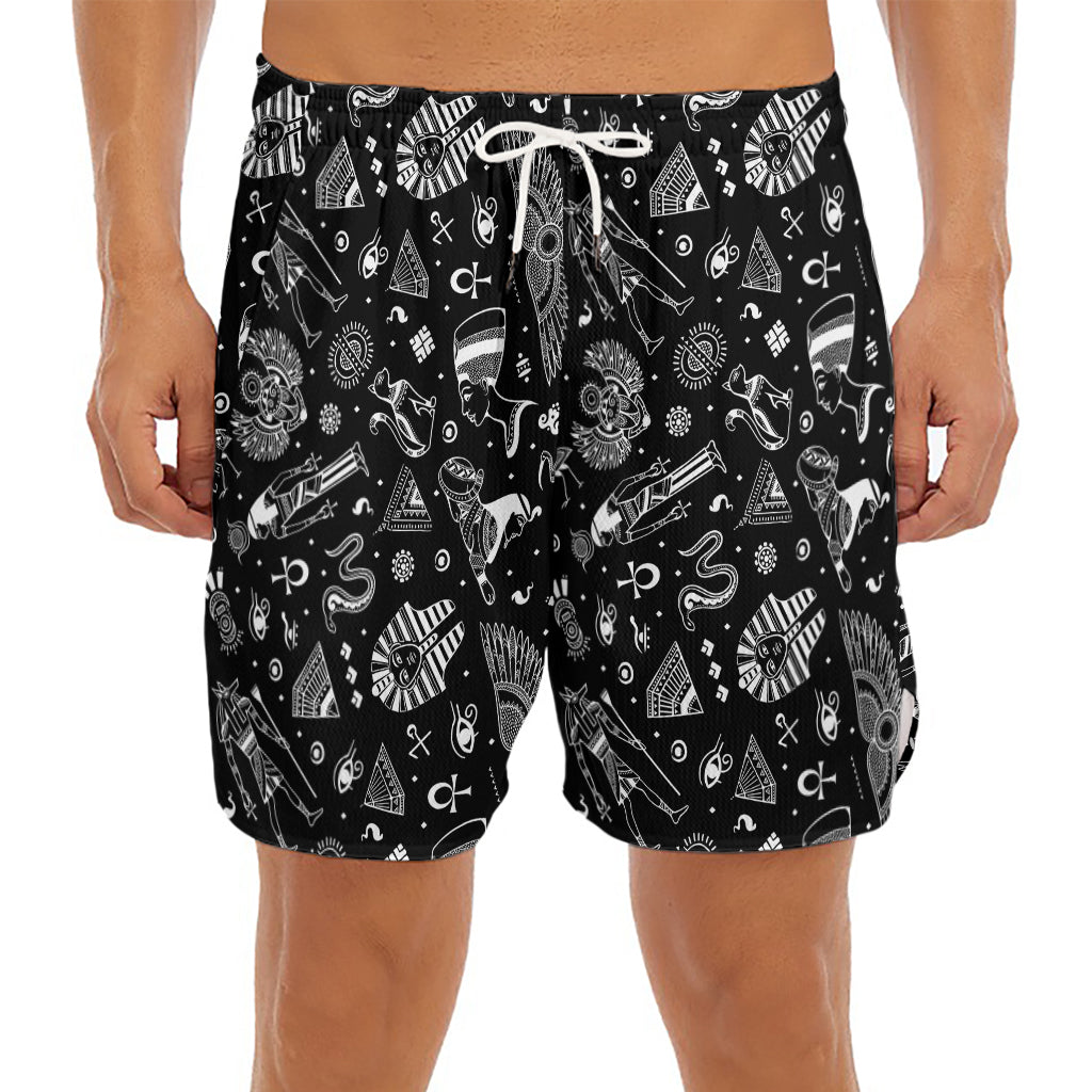 Black And White Egyptian Pattern Print Men's Split Running Shorts