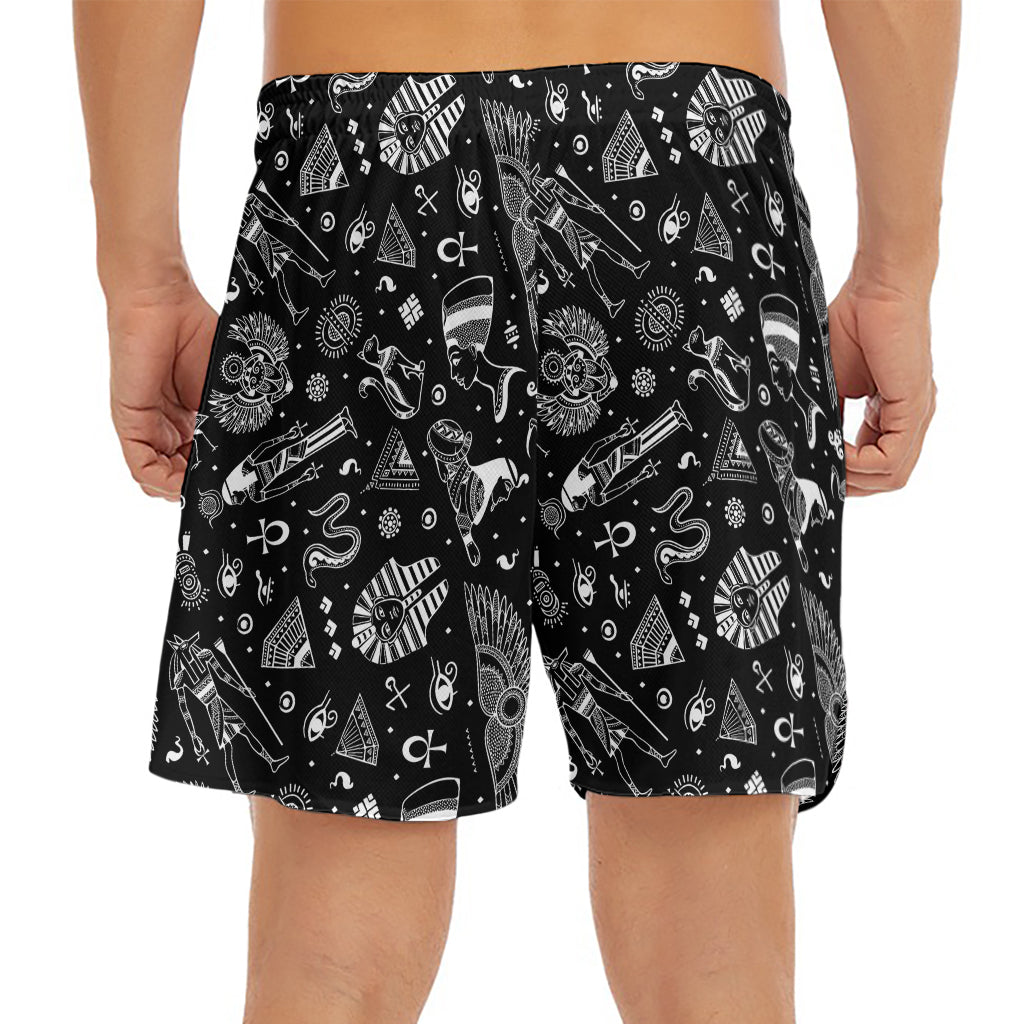 Black And White Egyptian Pattern Print Men's Split Running Shorts