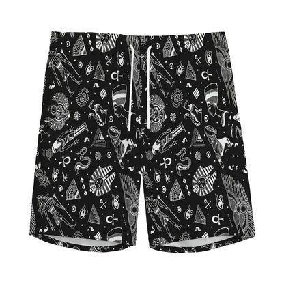 Black And White Egyptian Pattern Print Men's Sports Shorts