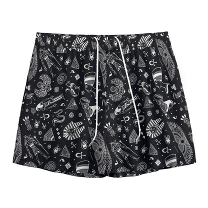 Black And White Egyptian Pattern Print Mesh Shorts