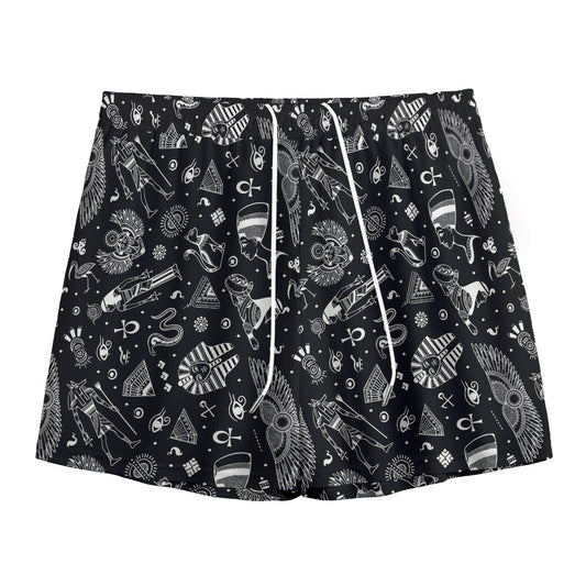 Black And White Egyptian Pattern Print Mesh Shorts