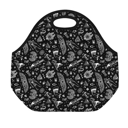 Black And White Egyptian Pattern Print Neoprene Lunch Bag