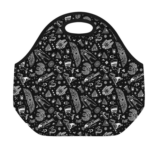 Black And White Egyptian Pattern Print Neoprene Lunch Bag