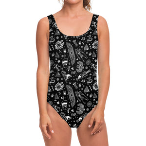 Black And White Egyptian Pattern Print One Piece Swimsuit