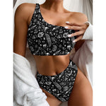 Black And White Egyptian Pattern Print One Shoulder Bikini Top