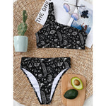 Black And White Egyptian Pattern Print One Shoulder Bikini Top