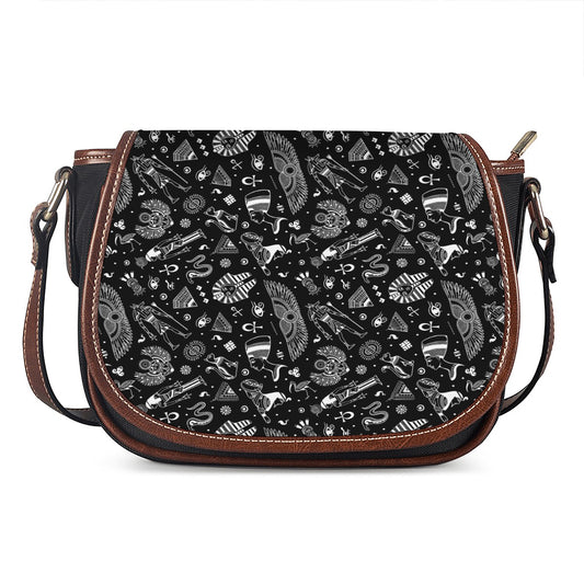 Black And White Egyptian Pattern Print Saddle Bag