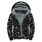 Black And White Egyptian Pattern Print Sherpa Lined Zip Up Hoodie