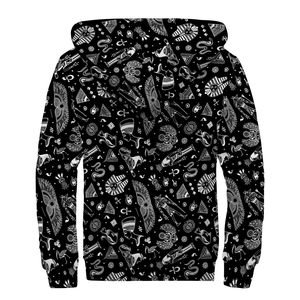 Black And White Egyptian Pattern Print Sherpa Lined Zip Up Hoodie