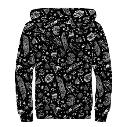 Black And White Egyptian Pattern Print Sherpa Lined Zip Up Hoodie