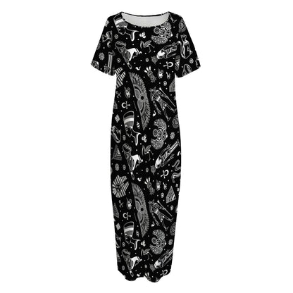 Black And White Egyptian Pattern Print Short Sleeve Long Nightdress