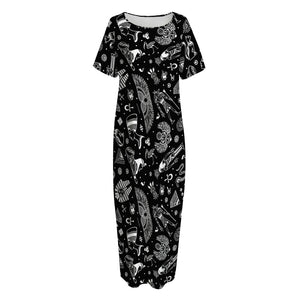 Black And White Egyptian Pattern Print Short Sleeve Long Nightdress