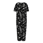 Black And White Egyptian Pattern Print Short Sleeve Long Nightdress