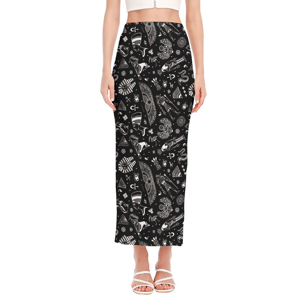 Black And White Egyptian Pattern Print Side Slit Maxi Skirt