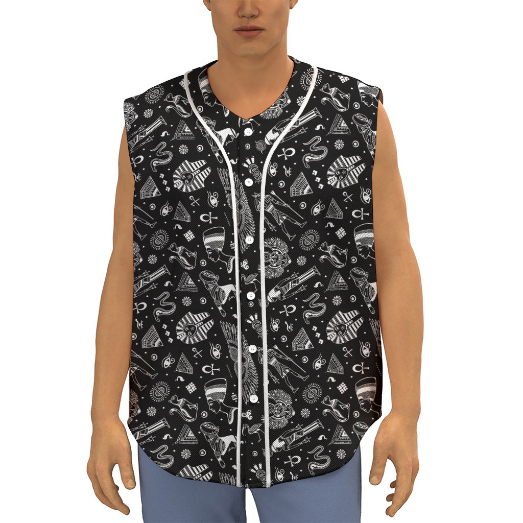 Black And White Egyptian Pattern Print Sleeveless Baseball Jersey