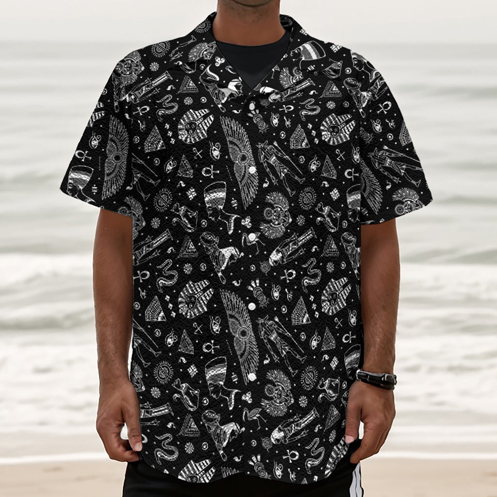 Black And White Egyptian Pattern Print Textured Short Sleeve Shirt