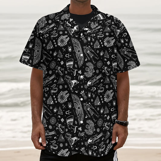 Black And White Egyptian Pattern Print Textured Short Sleeve Shirt