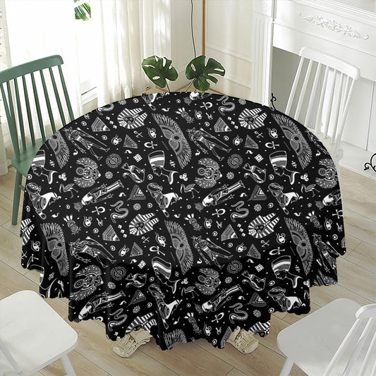 Black And White Egyptian Pattern Print Waterproof Round Tablecloth