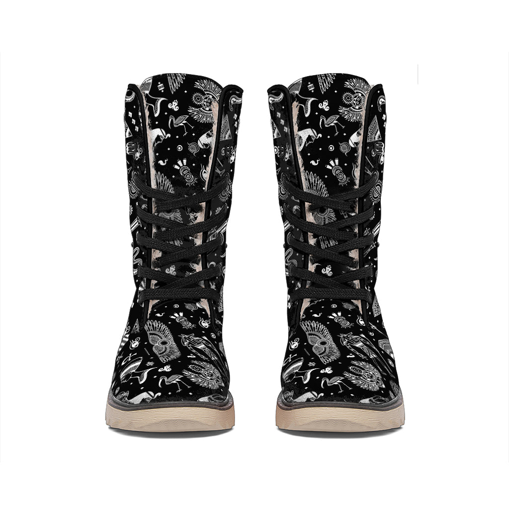 Black And White Egyptian Pattern Print Winter Boots