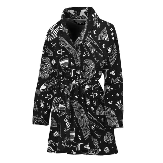 Black And White Egyptian Pattern Print Women's Bathrobe
