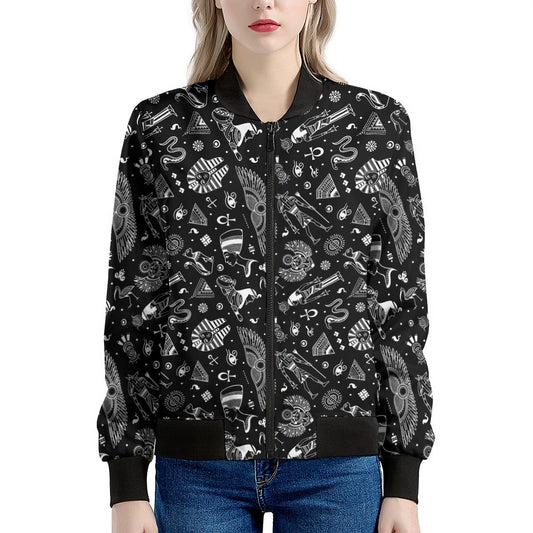 Black And White Egyptian Pattern Print Women's Bomber Jacket