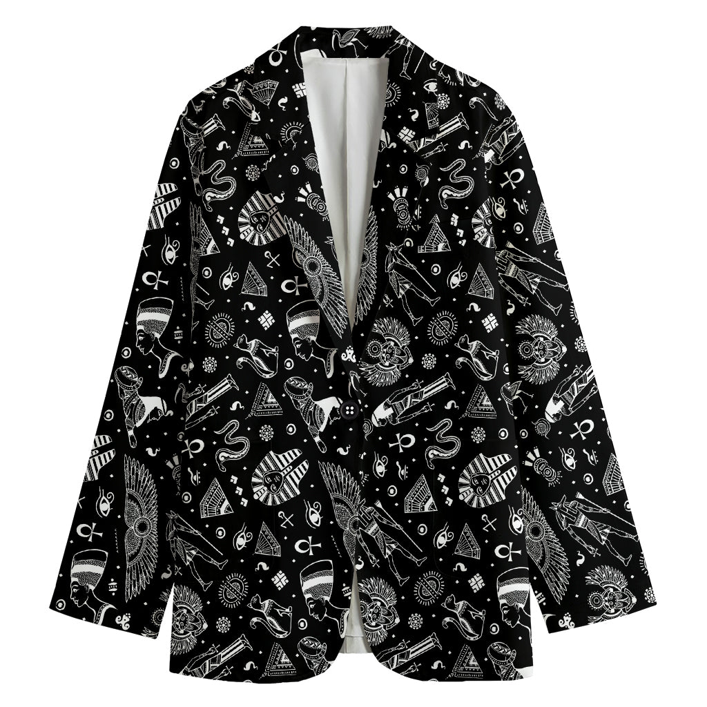 Black And White Egyptian Pattern Print Women's Cotton Blazer