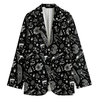 Black And White Egyptian Pattern Print Women's Cotton Blazer