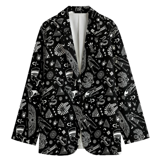 Black And White Egyptian Pattern Print Women's Cotton Blazer