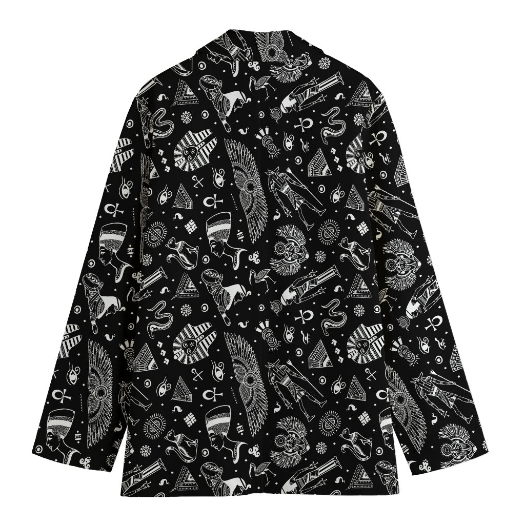 Black And White Egyptian Pattern Print Women's Cotton Blazer