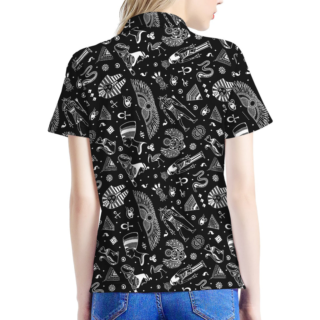Black And White Egyptian Pattern Print Women's Polo Shirt
