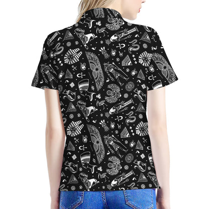 Black And White Egyptian Pattern Print Women's Polo Shirt