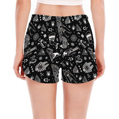 Black And White Egyptian Pattern Print Women's Split Running Shorts