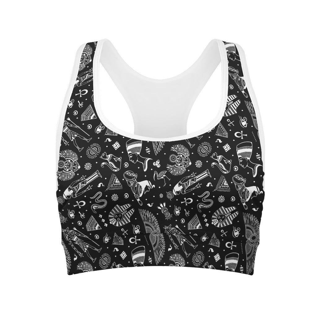 Black And White Egyptian Pattern Print Women's Sports Bra
