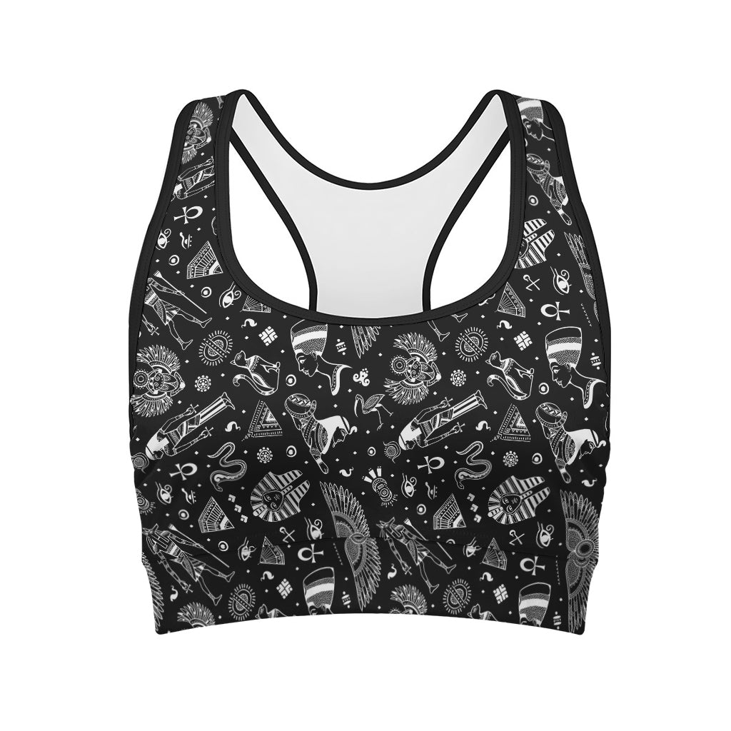 Black And White Egyptian Pattern Print Women's Sports Bra