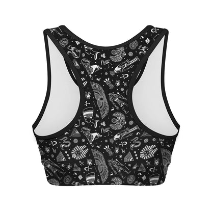 Black And White Egyptian Pattern Print Women's Sports Bra