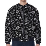 Black And White Egyptian Pattern Print Zip Sleeve Bomber Jacket